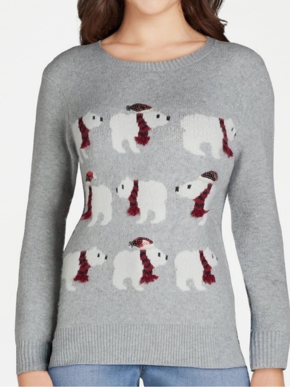Holiday Time Light Grey Polar Bear Sequin Accent Christmas Sweater Size 1X